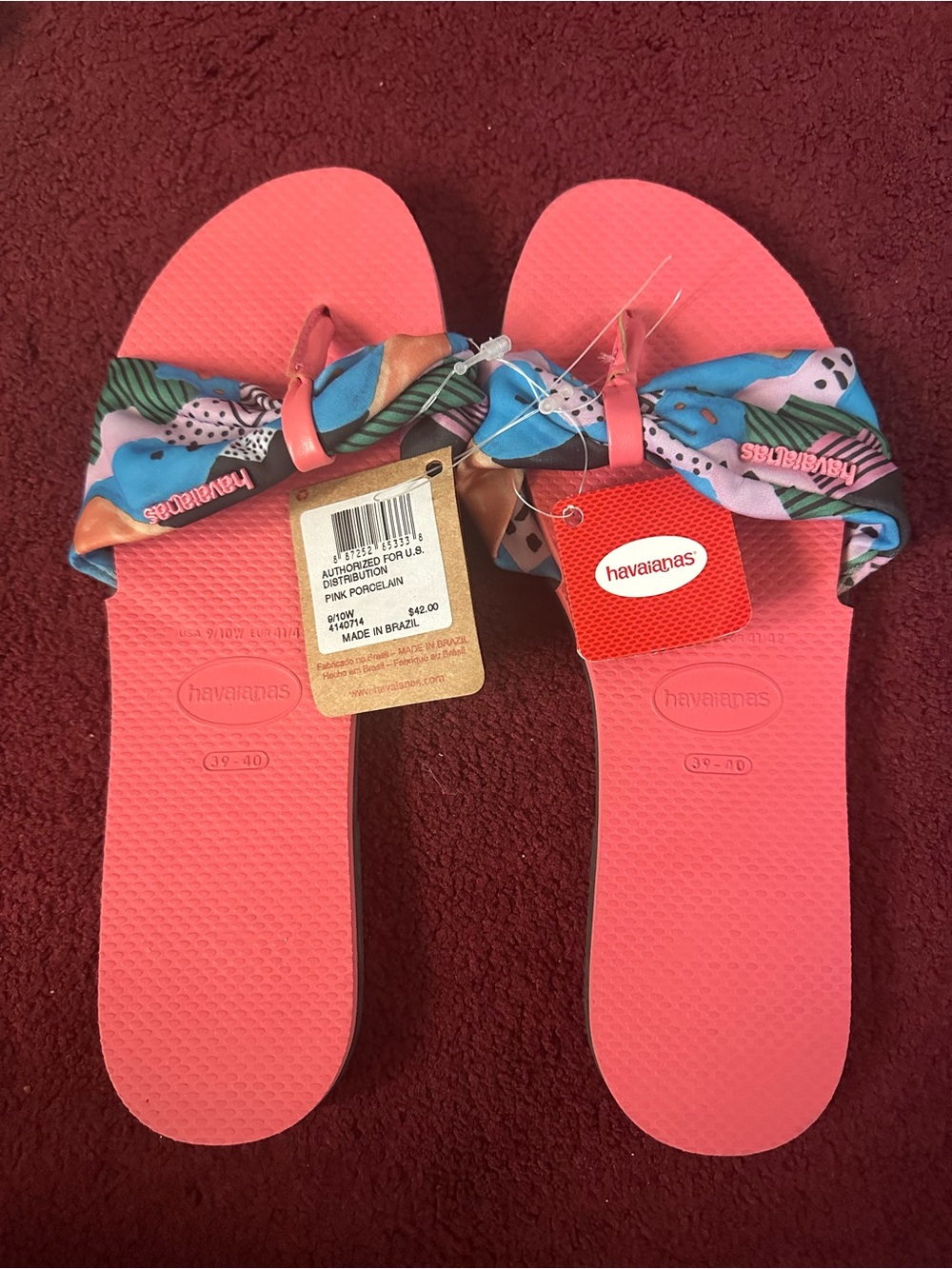Havaianas Coral Pink Bow-Trim Flip Sandals with Multicolor Fabric